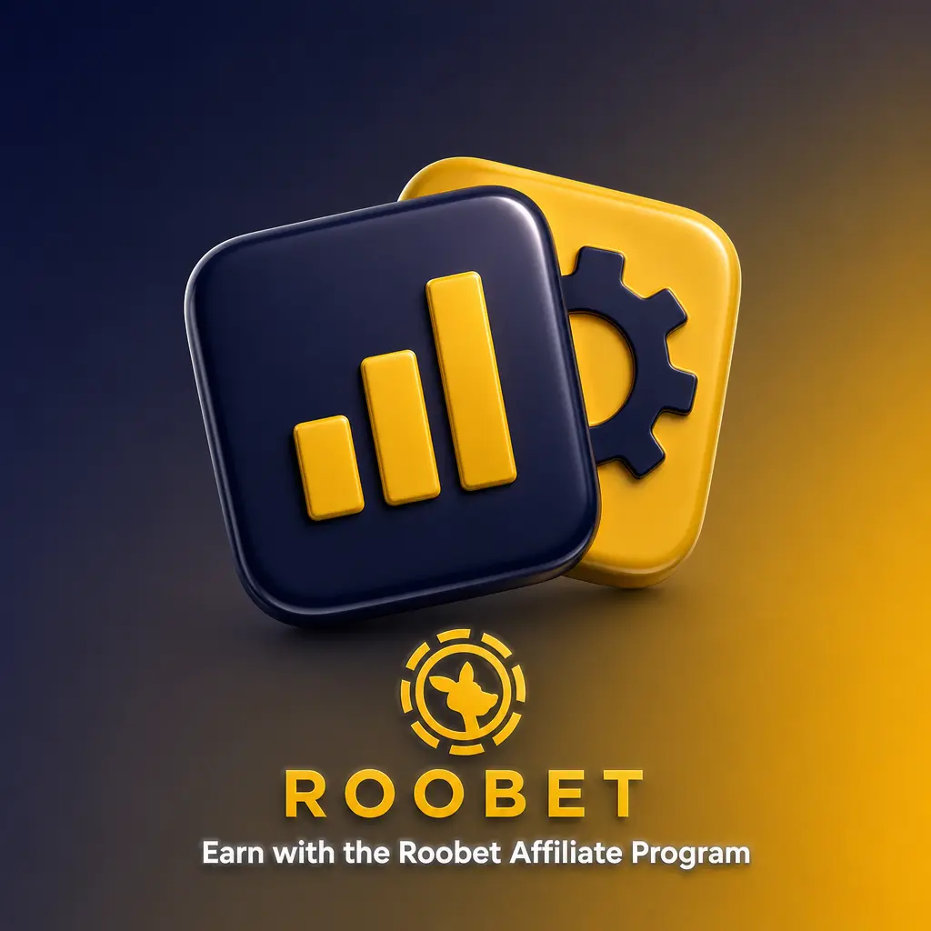 Roobet Affiliate Program banner showing revenue share commissions, tracking links, and dashboard tools for referred player earnings