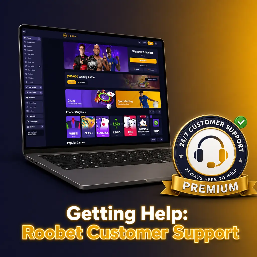 Roobet customer support live chat icon on desktop and mobile app for fast 24/7 casino help and account assistance