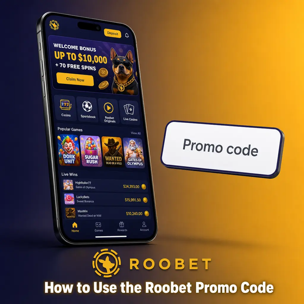 Roobet promo code ROOBETCA2026 entry field shown during account signup for bonus spins on first deposit