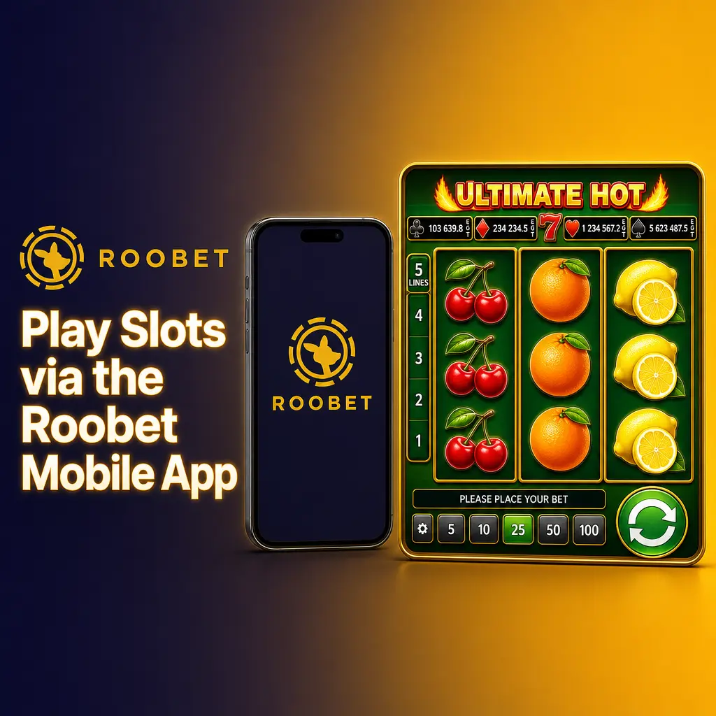 Roobet mobile web app showing slots lobby, bottom navigation menu, and touch controls for playing slots on a smartphone.