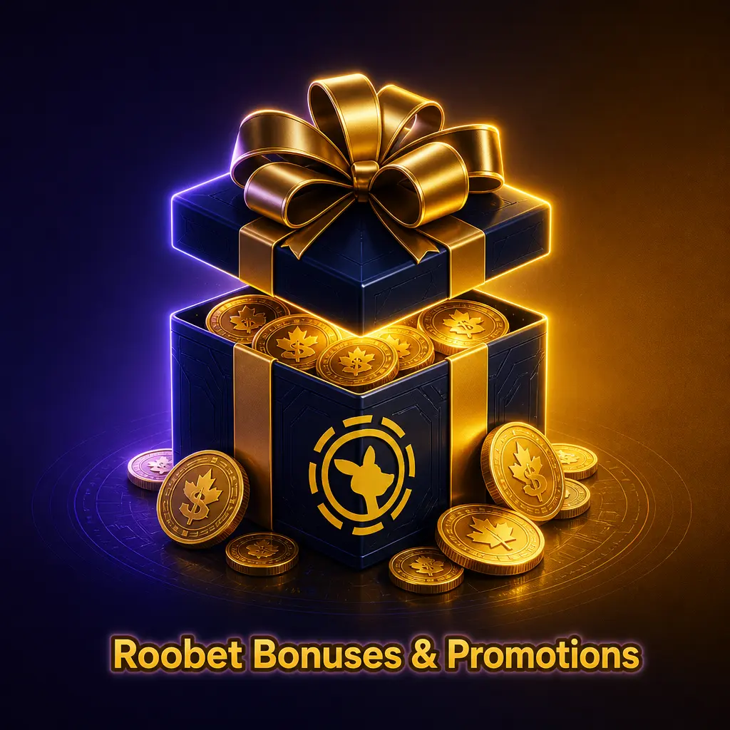 Roobet bonuses guide showing welcome rakeback, no-deposit drops, promo codes, and slot free spin race promotions for Canadian players